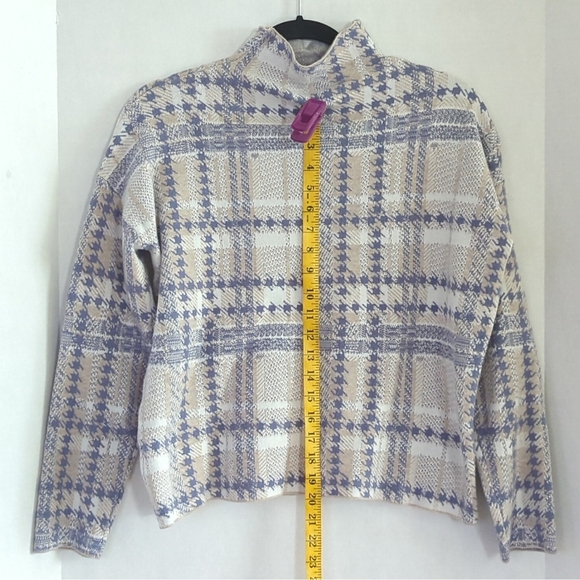 Rachel Zoe White Tan Blue Plaid Pullover Turtleneck Long Sleeve Sweater Size L - Picture 3 of 8
